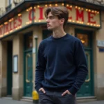 Jeune réalisateur français talentueux devant une façade de cinéma parisienne vintage, portrait éditorial trois-quarts