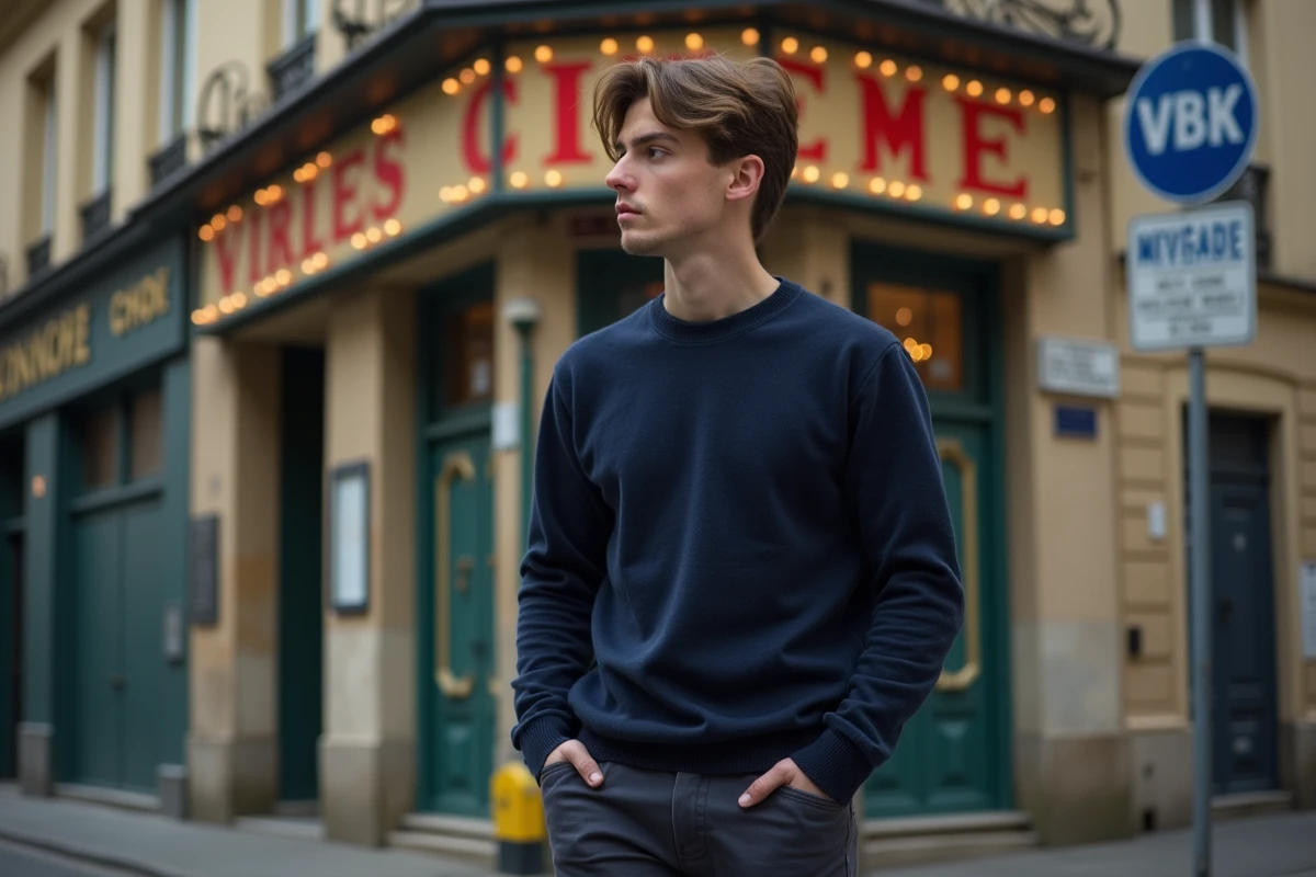 Jeune réalisateur français talentueux devant une façade de cinéma parisienne vintage, portrait éditorial trois-quarts