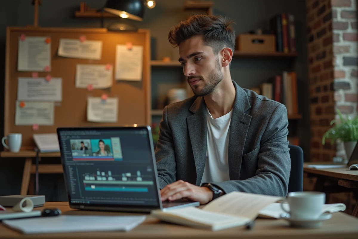 Jeune réalisateur français dans son studio de montage entouré de scénarios et de storyboards, ambiance créative authentique