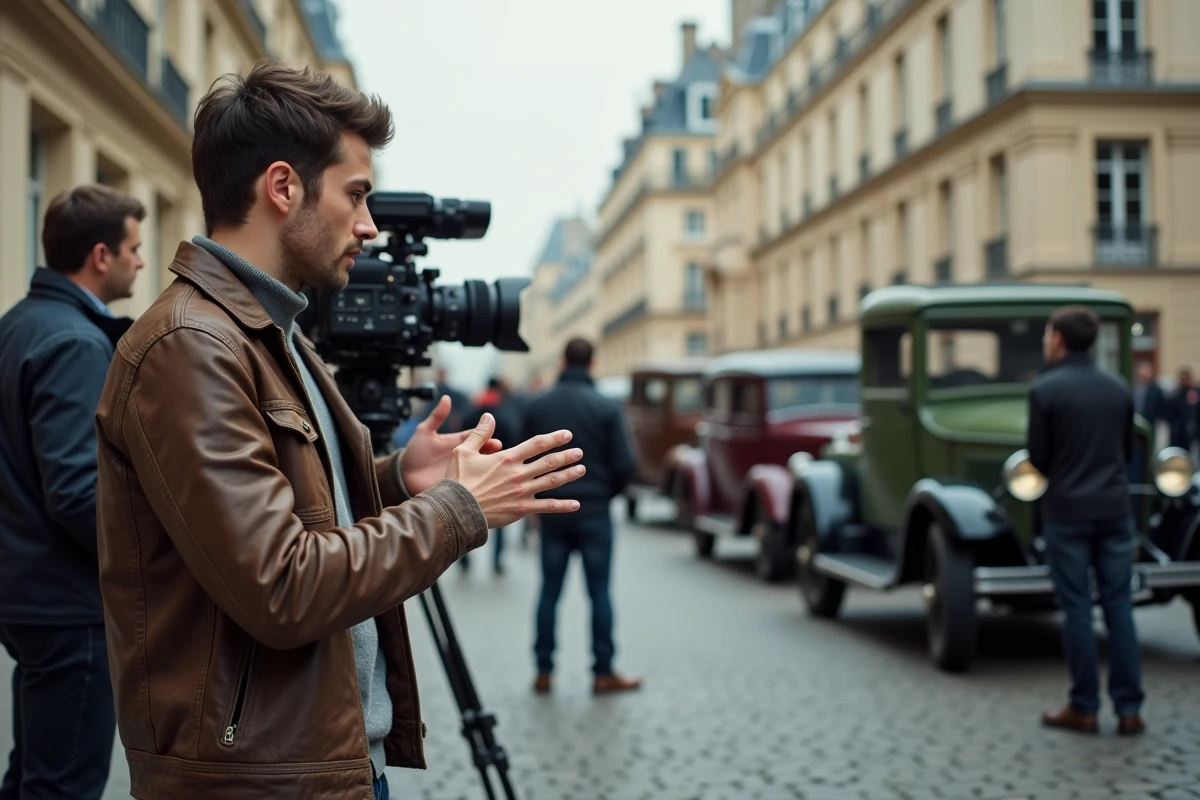 Jeune réalisateur français dirigeant une équipe de tournage dans une rue pavée de Paris, photographie documentaire de plateau cinématographique