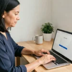 Femme accédant à son espace client en ligne sur un ordinateur portable dans un bureau à domicile