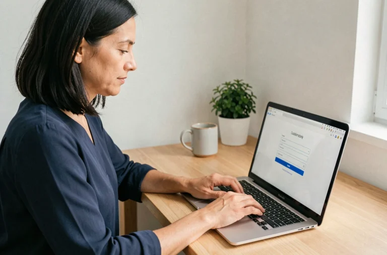 Femme accédant à son espace client en ligne sur un ordinateur portable dans un bureau à domicile