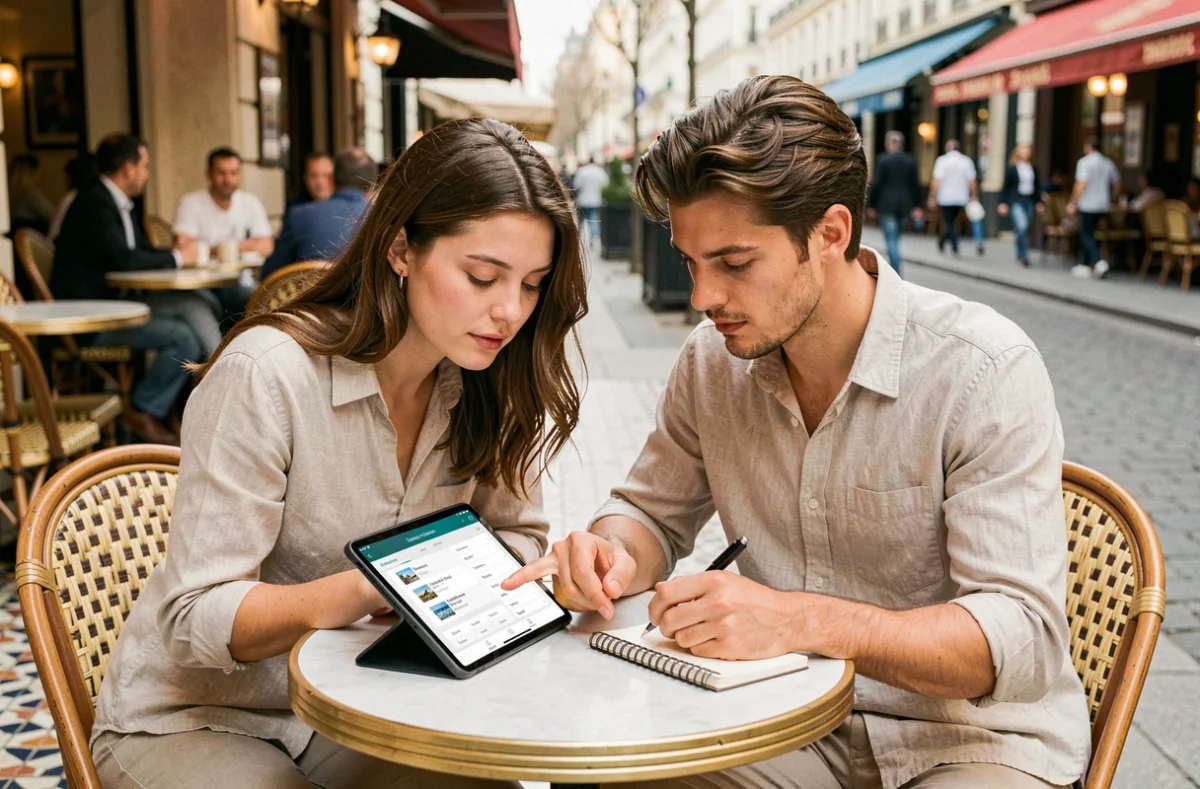 Deux amis préparant ensemble leur voyage en consultant une application d'itinéraire sur tablette en terrasse de café