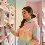 Jeune femme parcourant un rayon de produits licornes tendance dans une boutique colorée aux accessoires irisés