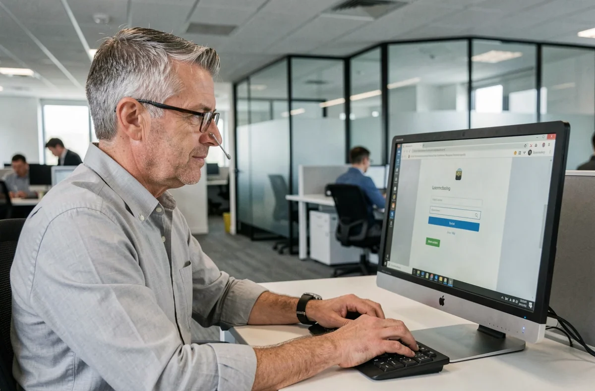 Homme en entreprise se connectant à un portail client en ligne depuis son poste de travail