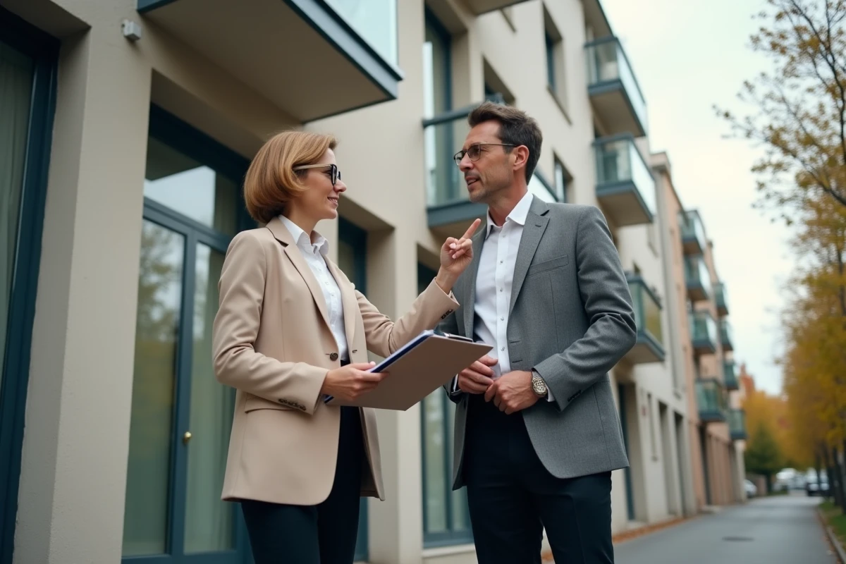 Conseillère en immobilier et investisseur devant un immeuble résidentiel éligible au dispositif Pinel