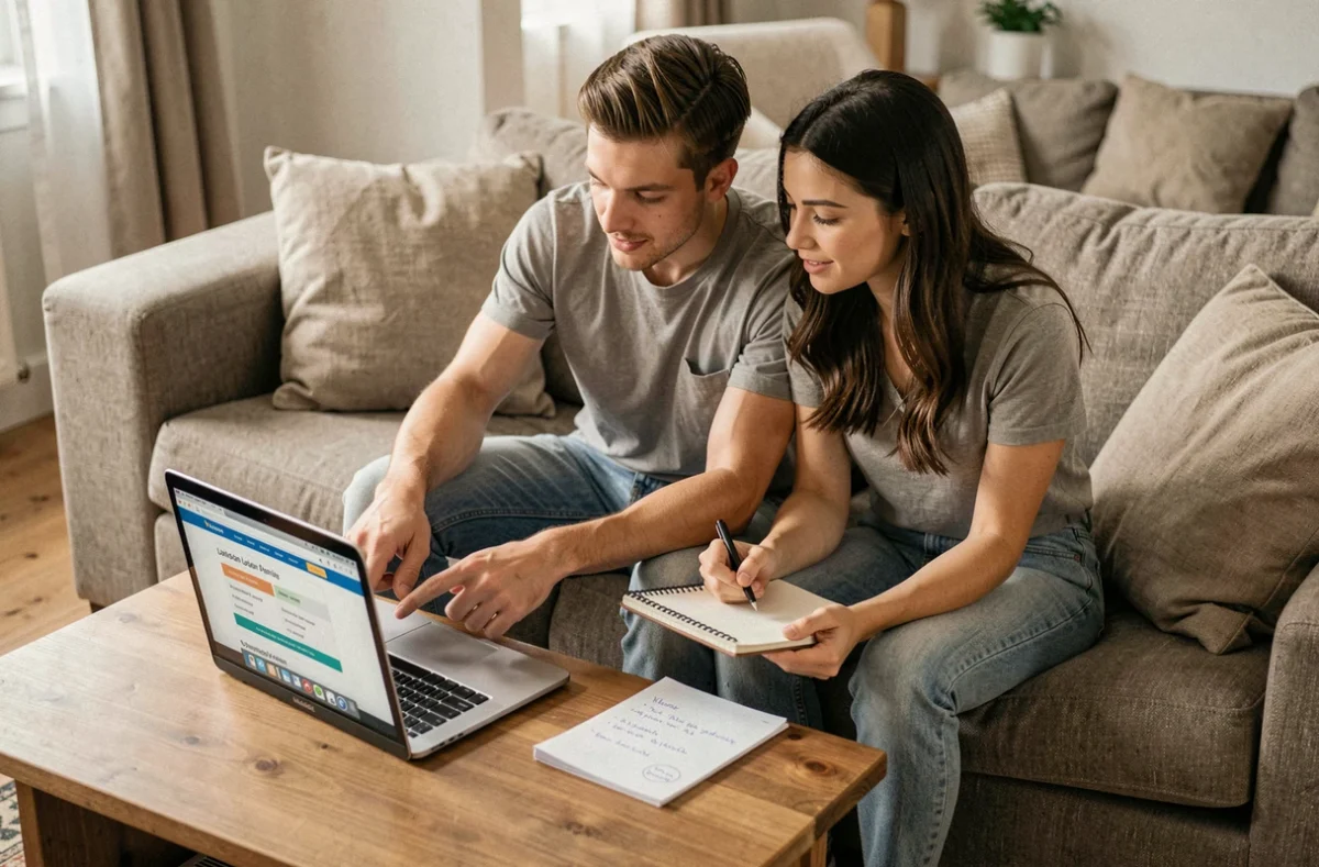 Jeune couple comparant des offres de crédit en ligne depuis leur salon pour trouver le prêt adapté à leur projet