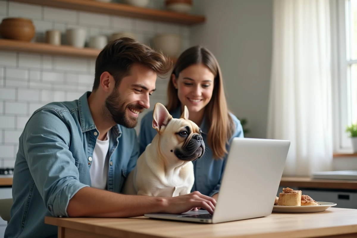 Couple comparant des offres d'assurance pour animaux sur un ordinateur portable avec leur bouledogue français posé sur la table