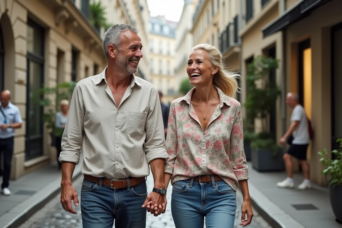 Couple élégant se promenant dans une rue pavée parisienne, moment de complicité naturelle