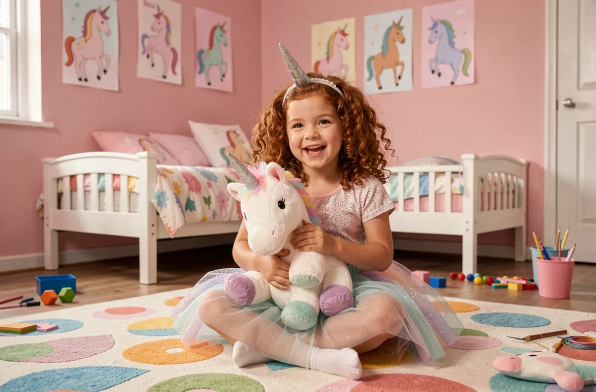 Fillette en costume de licorne tenant une peluche dans une chambre décorée sur le thème des licornes