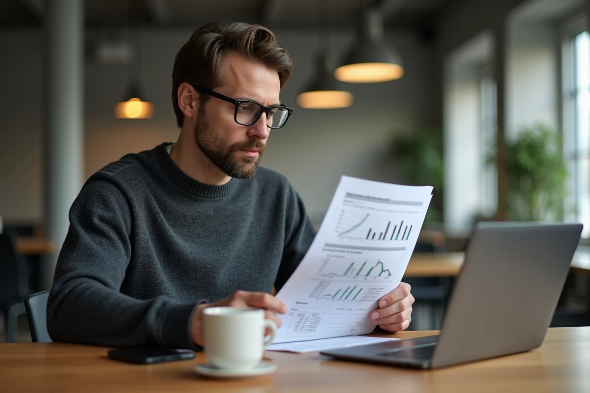 Entrepreneur concentré révisant un plan de développement pour sa PME dans un espace de coworking moderne