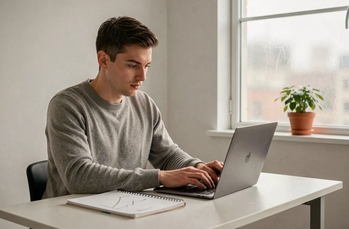 Jeune entrepreneur travaillant seul sur sa stratégie digitale depuis un bureau à domicile moderne
