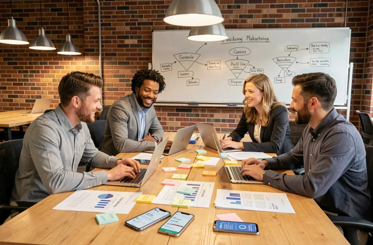 Équipe diversifiée collaborant autour d'une table pour définir une stratégie de marketing digital et booster leur entreprise