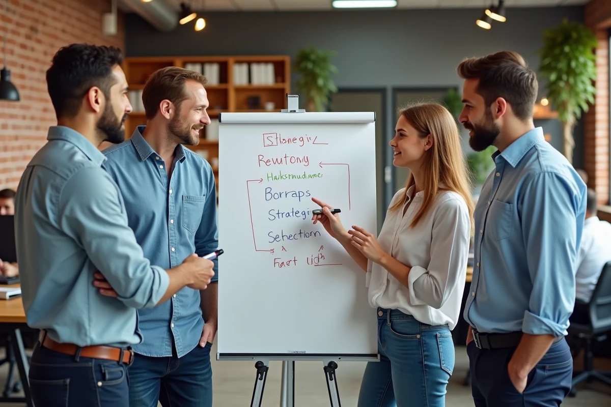 Équipe de direction d'une PME collaborant autour d'un tableau blanc pour définir une stratégie de croissance