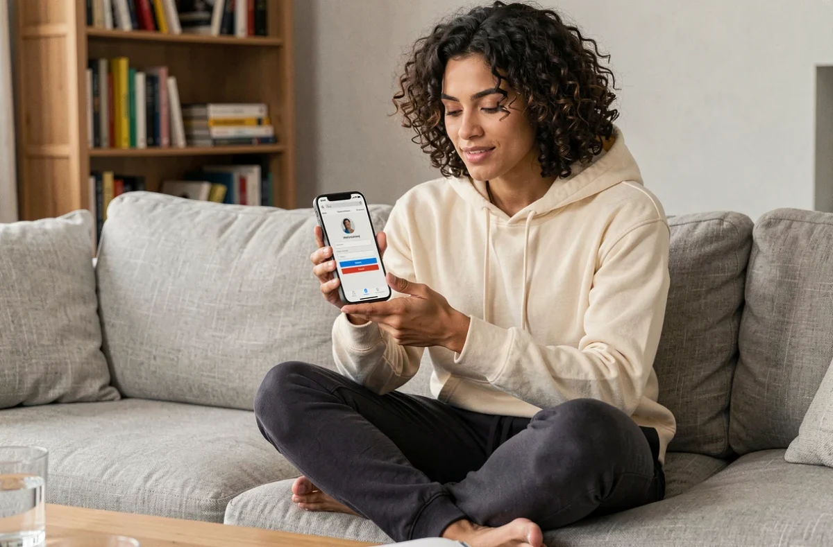 Personne accédant à son espace client Logitelnet sur smartphone depuis son salon