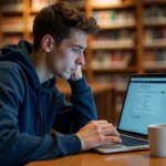 Étudiant connecté à l'ENT UTC sur un ordinateur portable dans une bibliothèque universitaire moderne