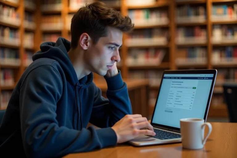 Étudiant connecté à l'ENT UTC sur un ordinateur portable dans une bibliothèque universitaire moderne