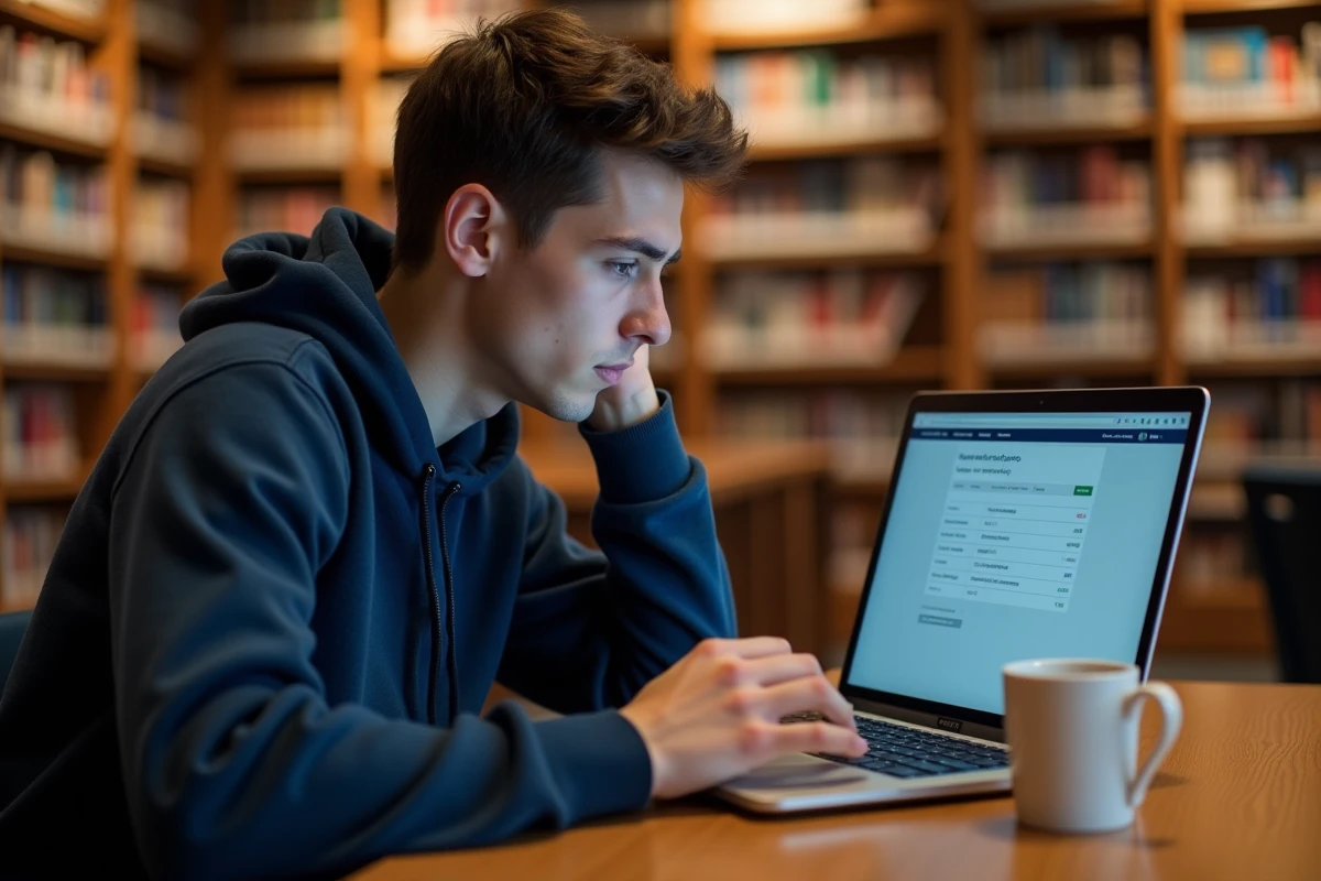 Étudiant connecté à l'ENT UTC sur un ordinateur portable dans une bibliothèque universitaire moderne