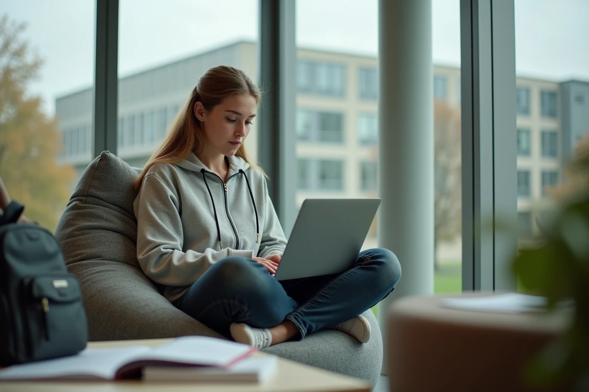 Étudiante utilisant l'ENT UTC sur son laptop dans une salle commune de campus universitaire