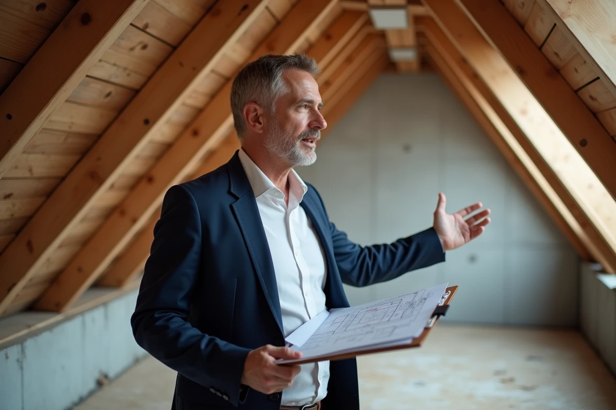 Expert immobilier évaluant un grenier non aménagé pour le calcul de la surface fiscale