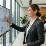 Femme d'affaires analysant des tendances business 2024 sur un écran tactile dans un bureau moderne