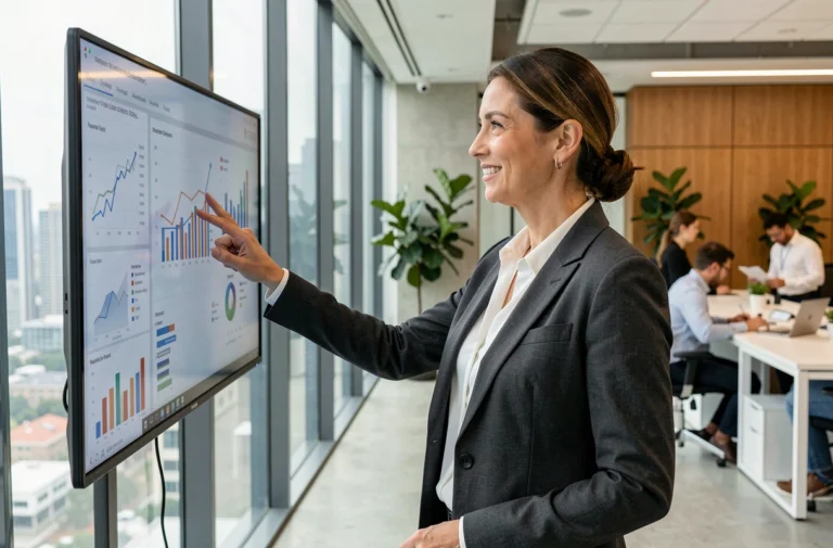Femme d'affaires analysant des tendances business 2024 sur un écran tactile dans un bureau moderne
