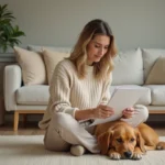 Femme passant en revue des documents d'assurance pour animaux avec son golden retriever posé sur ses genoux dans un salon chaleureux