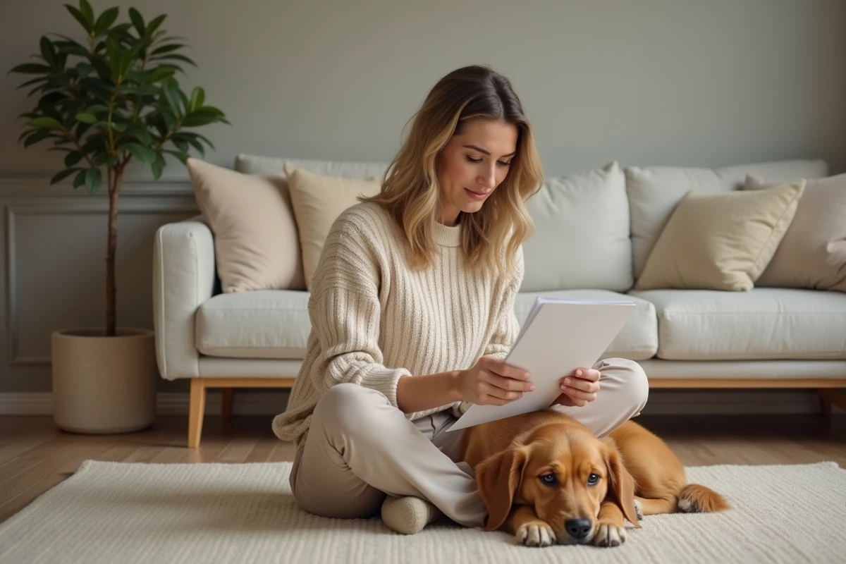 Femme passant en revue des documents d'assurance pour animaux avec son golden retriever posé sur ses genoux dans un salon chaleureux