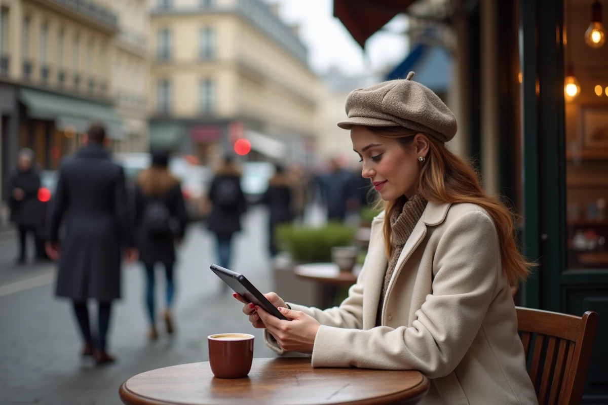 Jeune femme lisant les titres sur une tablette en extérieur