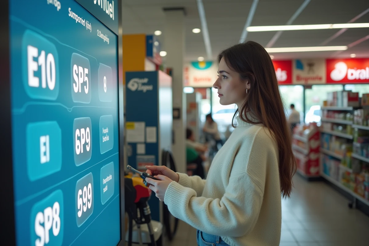 Femme examine options de carburant dans station essence