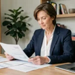 Femme d'une quarantaine d'années consultant des documents financiers pour obtenir un crédit adapté à ses besoins