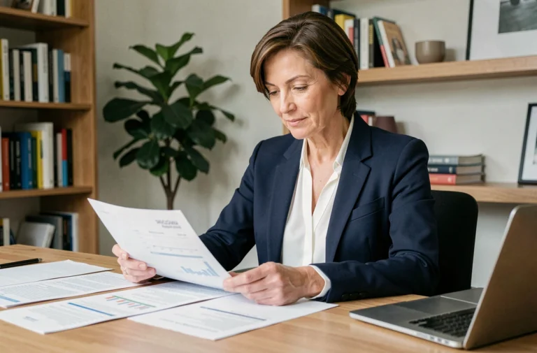 Femme d'une quarantaine d'années consultant des documents financiers pour obtenir un crédit adapté à ses besoins
