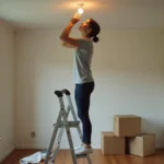 Femme en train de dévisser une ampoule LED lors d'un déménagement dans un appartement vide