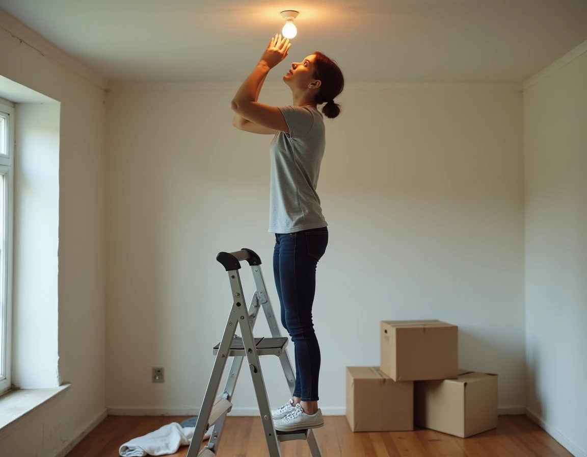 Femme en train de dévisser une ampoule LED lors d'un déménagement dans un appartement vide