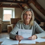 Femme examinant des documents de taxe foncière dans un grenier avec charpente apparente