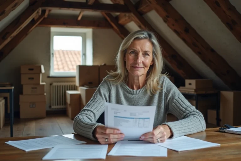 Femme examinant des documents de taxe foncière dans un grenier avec charpente apparente