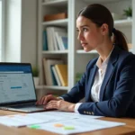 Femme suivant une formation SEO en ligne sur son ordinateur portable dans un bureau à domicile avec des supports de certification imprimés