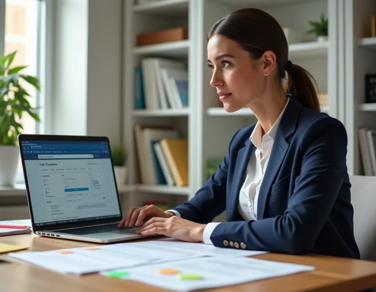 Femme suivant une formation SEO en ligne sur son ordinateur portable dans un bureau à domicile avec des supports de certification imprimés