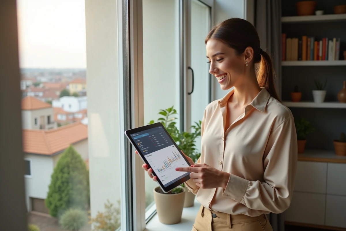 Jeune femme souriante tenant une tablette avec tableau d