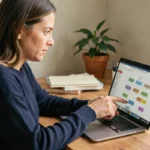 Femme naviguant sur un plan de site web depuis un bureau à domicile avec un ordinateur portable