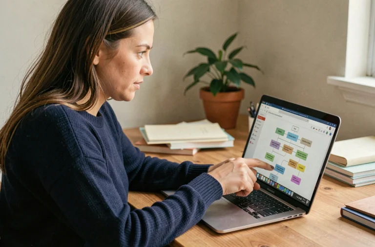 Femme naviguant sur un plan de site web depuis un bureau à domicile avec un ordinateur portable
