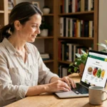 Femme consultant un plan de site nutritionnel sur ordinateur portable dans un bureau à domicile
