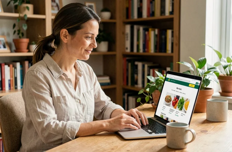 Femme consultant un plan de site nutritionnel sur ordinateur portable dans un bureau à domicile