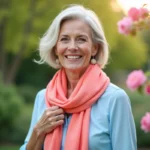 Femme souriante en blouse pastel bleue dans un jardin fleuri