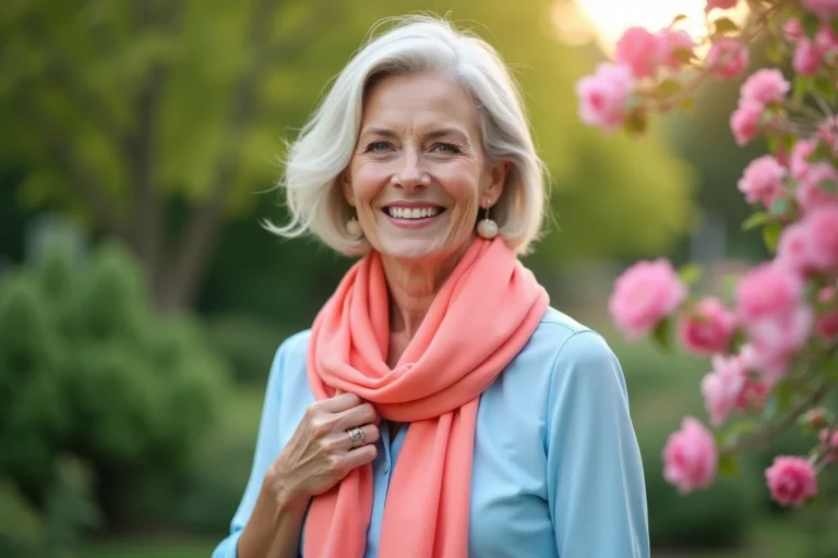 Femme souriante en blouse pastel bleue dans un jardin fleuri