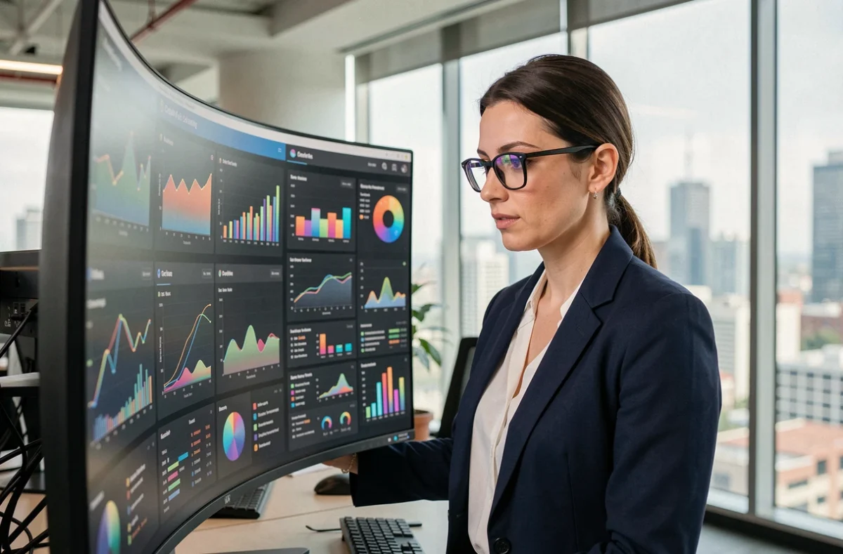 Femme professionnelle analysant des tableaux de bord numériques pour développer une stratégie digitale d'entreprise