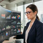 Femme professionnelle analysant des tableaux de bord numériques pour développer une stratégie digitale d'entreprise