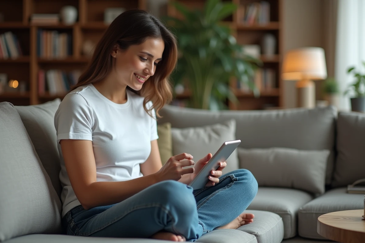 Femme utilisant une tablette pour accéder à un site de téléchargement depuis son salon