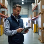 Manager logistique en veston bleu vérifiant une tablette dans un entrepôt