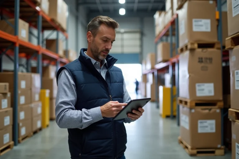 Manager logistique en veston bleu vérifiant une tablette dans un entrepôt